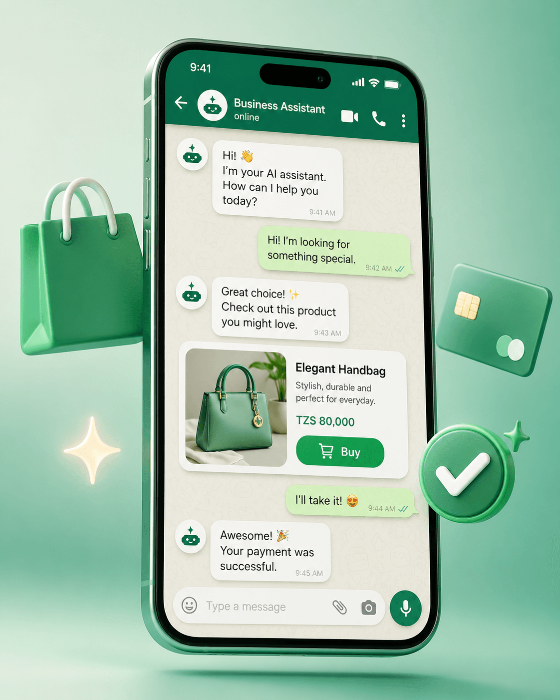 A WhatsApp chat where the Ghala AI sales assistant shares a product with its price and a Buy button, then confirms the payment succeeded