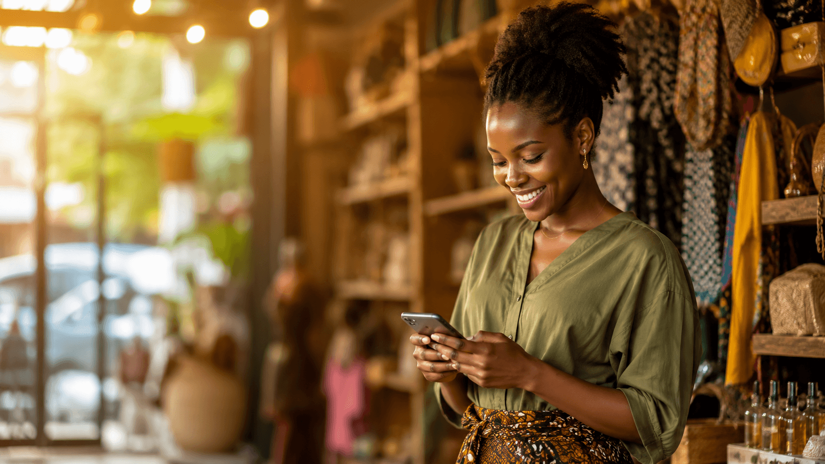 A shop owner smiling at her phone while selling to customers on WhatsApp