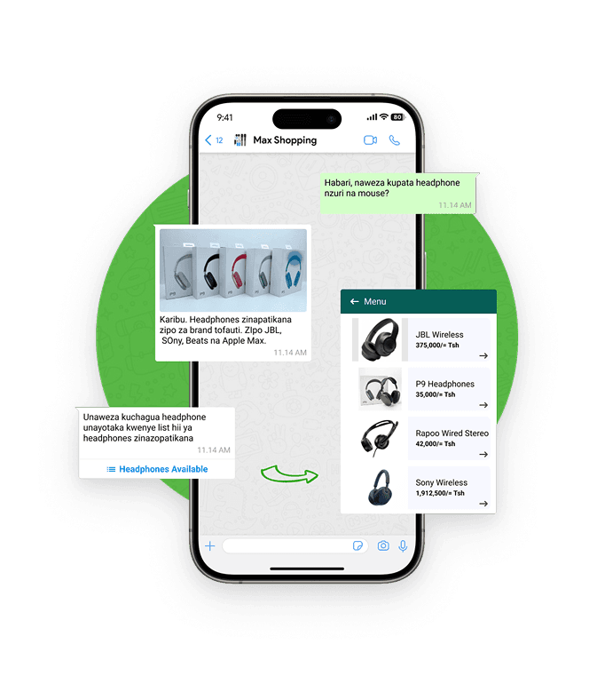 A WhatsApp conversation where the Ghala AI agent shares a product catalog and prices with a customer