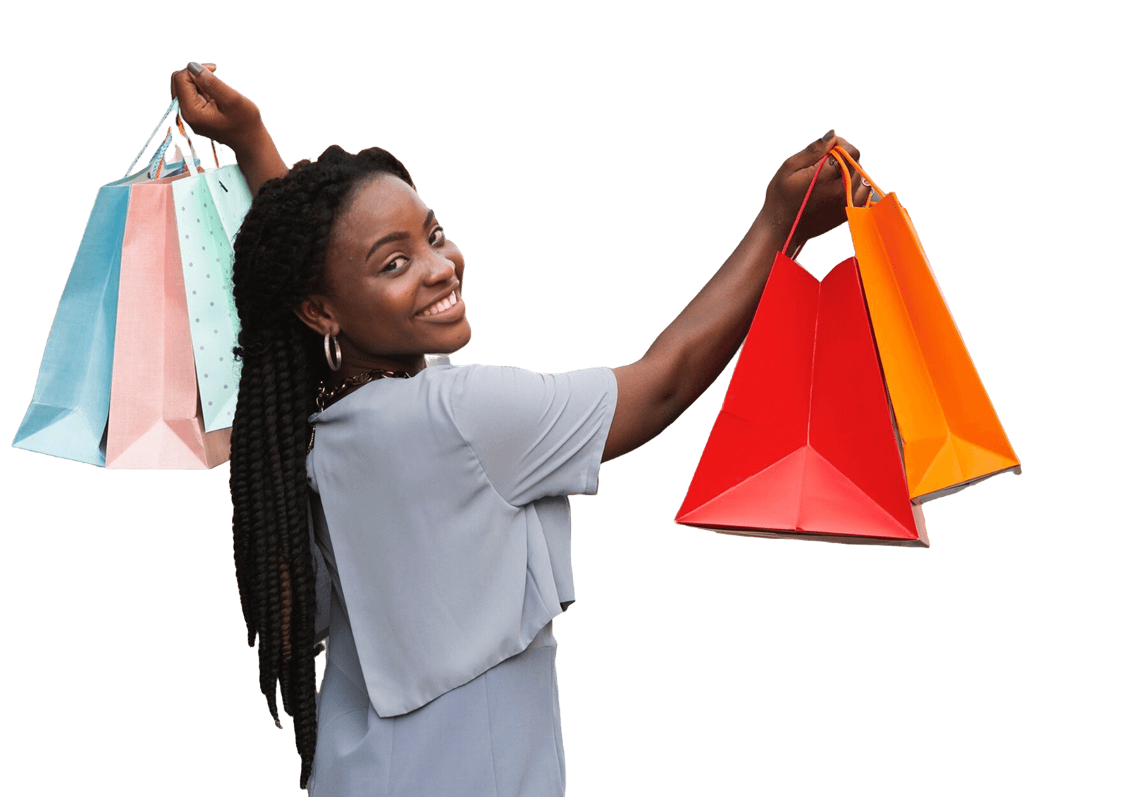 A happy customer holding shopping bags